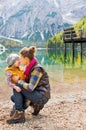 Mother and daughter Eskimo kisses on the shores of Lake Bries Royalty Free Stock Photo