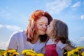 Mother and daughter in a field with yellow dandelions. Family walks in the spring in nature Royalty Free Stock Photo