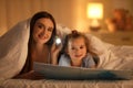 Mother and daughter with flashlight reading book under blanket Royalty Free Stock Photo