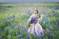 Mother and daughter gathering lupine flowers in beautiful field on sunset. Beautiful girl in violet dress holding a lupine at suns Royalty Free Stock Photo