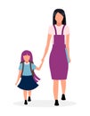 Mother with daughter going to kindergarten flat vector illustration. Older and younger sisters holding hands cartoon characters