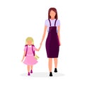 Mother with daughter going to school flat vector illustration. Older and younger sisters holding hands cartoon characters isolated