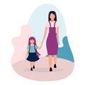 Mother with daughter going to school flat vector illustration. Older and younger sisters holding hands cartoon characters isolated