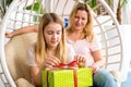 Mother and daughter with green gift box