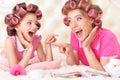 Mother and daughter in hair curlers Royalty Free Stock Photo