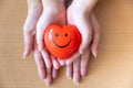 Mother and daughter hands holding red heart, health care, donate and family insurance concept