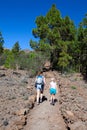 Mother with daughter hiking trail through the coniferous woods in the mountains of Teno. Volcanic pathway to Lunar Landscape. Tene