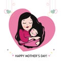 Mother and daughter hugging with hanging hearts