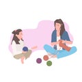 Mother and daughter knitting socks mom teaching child to knit hobby for parents and kids