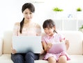 Mother with daughter looking at LaptopÃÂ  on sofa Royalty Free Stock Photo