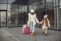 Mother and daughter with luggage going from airport terminal