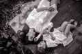 Mother and daughter lying on old bench in the forest during the outing Royalty Free Stock Photo