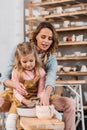 mother and daughter making ceramic pot on pottery Royalty Free Stock Photo