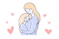 Mother and daughter. Motherhood love. Mom hugging a child hand drawn style vector illustration