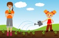 Mother with daughter plant nursery transplant in soil