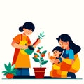 Mother and daughter planting flowers.Happy family mother and child gardening together. Generative AI