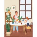 Mother and daughter planting home garden vector