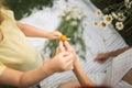 Mother plays with her daughter, relax, collect daisies Royalty Free Stock Photo