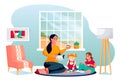Mother and daughter play with doll. Vector characters illustration. Family leisure lifestyle and time at home