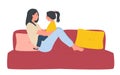 Mother and daughter play fun game, happy mom and child sitting on comfortable sofa isolated