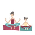 Mother and daughter practicing yoga sitting in the Lotus position. Family Sports and physical activity with children