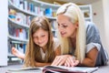 Mother with daughter read book together in library