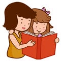 Mother and daughter reading a book. Vector illustration