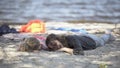 Mother and daughter refugees surviving after boat crash lying on seashore