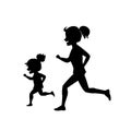 Mother and daughter running jogging together vector illustration silhouette scene in black