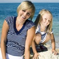 Mother with daughter at sea cost together, happy real family smiling looking to horizont, lifestyle people concept, on Royalty Free Stock Photo