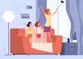 Mother and daughter selfie. Family making photo on sofa. Sisters or mom and girls have fun time together vector