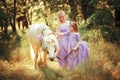 Mother and daughter in similar lavender dresses are petting a unicorn horse. Summer meadow