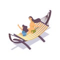 Mother and daughter sitting on hammock in beachwear isometric scene. Swimwear for kid and adult, striped furniture good for pool Royalty Free Stock Photo