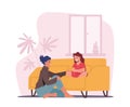 Mother and Daughter Sitting on Sofa in Living Room Telling Secrets. Mom and Girl Talking, Parent Character Support Child