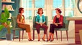 A mother and daughter are sitting in a therapist's office or a principal's cabinet. Cartoon modern illustration