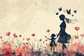 Mother and daughter smiling and walking in flower field. Family holiday and togetherness. illustration style. ai Royalty Free Stock Photo