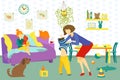 Mother, daughter and son happy together at home indoors vector illustration. Mom helping her child to dress in childrens Royalty Free Stock Photo