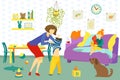 Mother, daughter and son happy together at home indoors vector illustration. Mom helping her child to dress in childrens Royalty Free Stock Photo