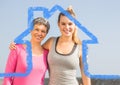 Mother and daughter standing outdoors against house outline in background