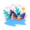 Mother and Daughter Swimming in Ocean Cartoon