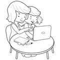 Mother and daughter using the computer. Vector black and white coloring page