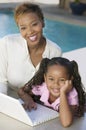 Mother and Daughter Using Laptop on patio portrait high angle view Royalty Free Stock Photo