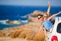 Mother and daughter on vacation travel by car. Summer holiday and car travel concept. Family travel. Royalty Free Stock Photo