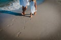 Mother and daughter walking on beach leaving footprint in sand Royalty Free Stock Photo