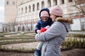 Mother with daughter walking at historical Mikulov Castle, Moravia, Czech Republic. Old European town