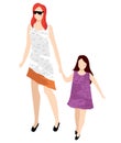 Mother and Daughter Walking Together, Summer Cloth