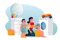 Mother and daughter wash clothes in laundry room. Vector illustration. Family housework, helping to parents at home work