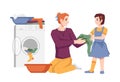 Mother daughter washing clothes together, laundry