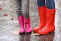 Mother and daughter wearing rubber boots after rain, focus of legs. Royalty Free Stock Photo