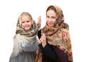 A mother with daughter are wearing russian kerchiefs